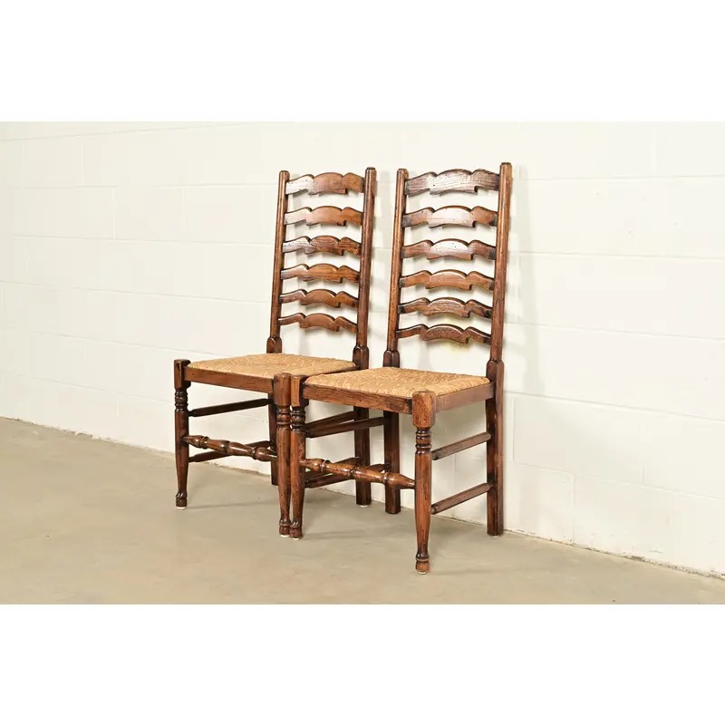 Baker Furniture Style English Country Rustic Carved Solid Oak Ladder Back Dining Chairs With Rush Seats, Pair - Image 4