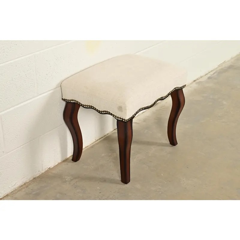 Baker Furniture Style French Provincial Louis XV Carved Mahogany Upholstered Stool or Ottoman - Image 4