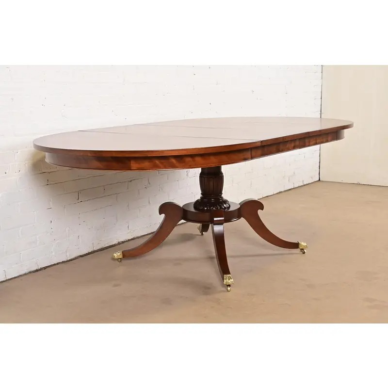 Baker Furniture Style Georgian Banded Mahogany and Burl Wood Pedestal Extension Dining Table, Newly Refinished - Image 4