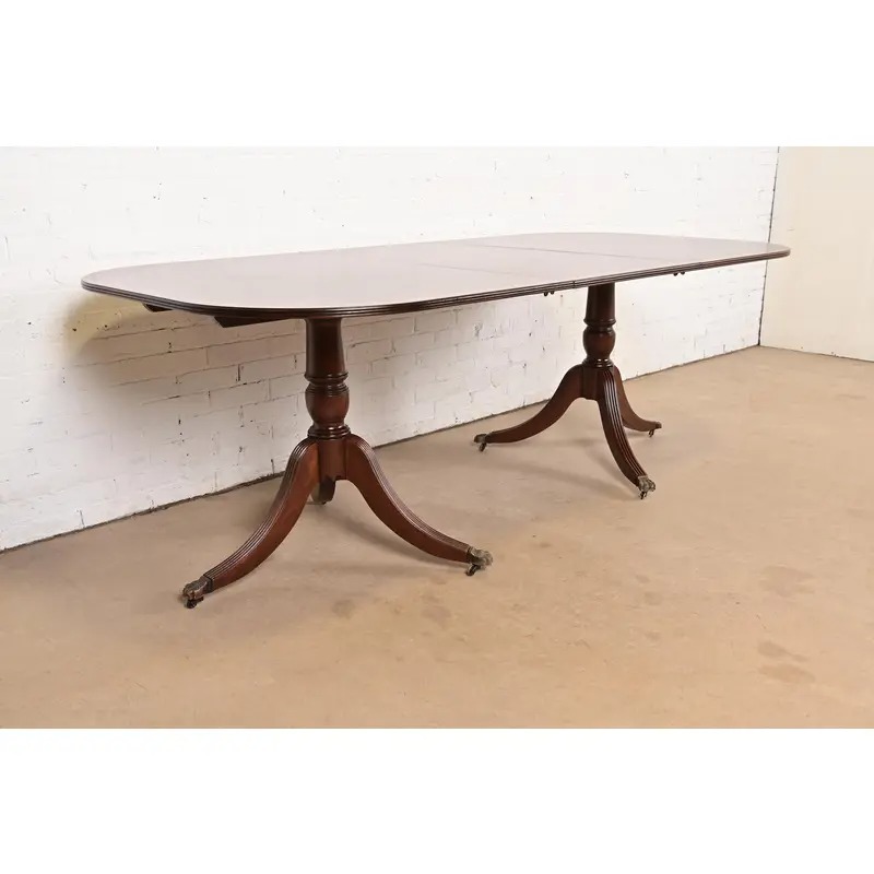 Baker Furniture Style Georgian Banded Mahogany Double Pedestal Extension Dining Table, Newly Refinished - Image 4
