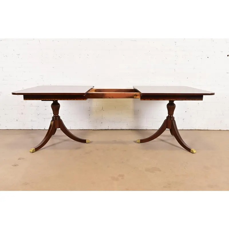 Baker Furniture Style Georgian Banded Mahogany Double Pedestal Extension Dining Table, Newly Refinished - Image 4