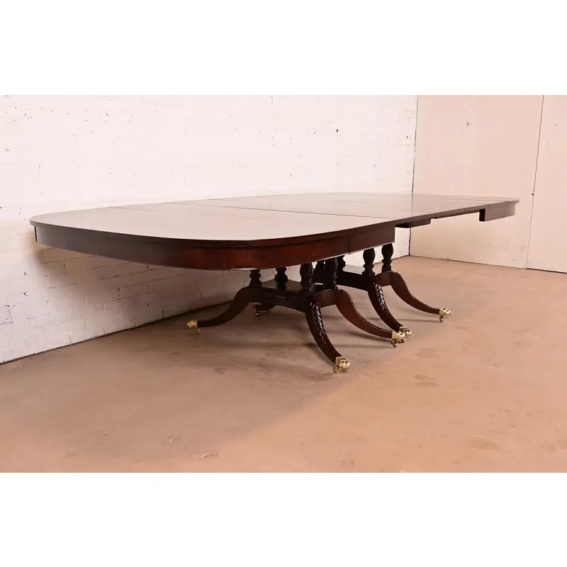 Baker Furniture Style Georgian Mahogany Double Pedestal Extension Dining Table, Newly Refinished - Image 4