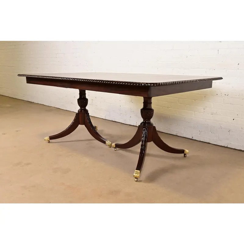Baker Furniture Style Georgian Mahogany Double Pedestal Extension Dining Table, Newly Refinished - Image 4