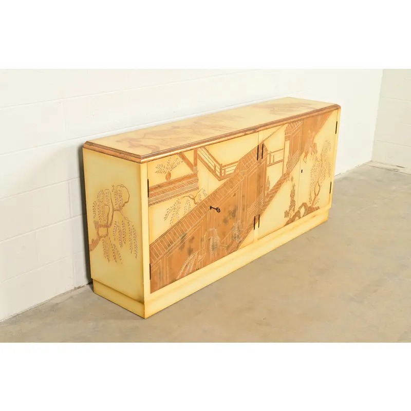Baker Furniture Style Hollywood Regency Chinoiserie Hand-Painted Cream Lacquered Sideboard Credenza, Circa 1970s - Image 4
