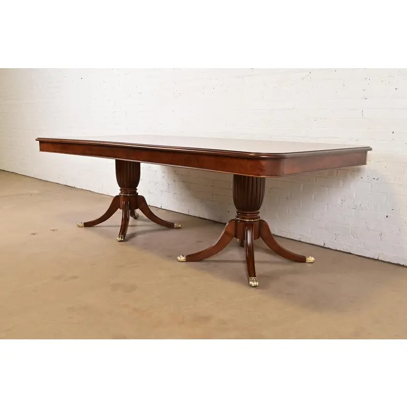 Baker Furniture Style Italian Regency Inlaid Banded Burl Wood Double Pedestal Dining Table, Newly Restored - Image 4