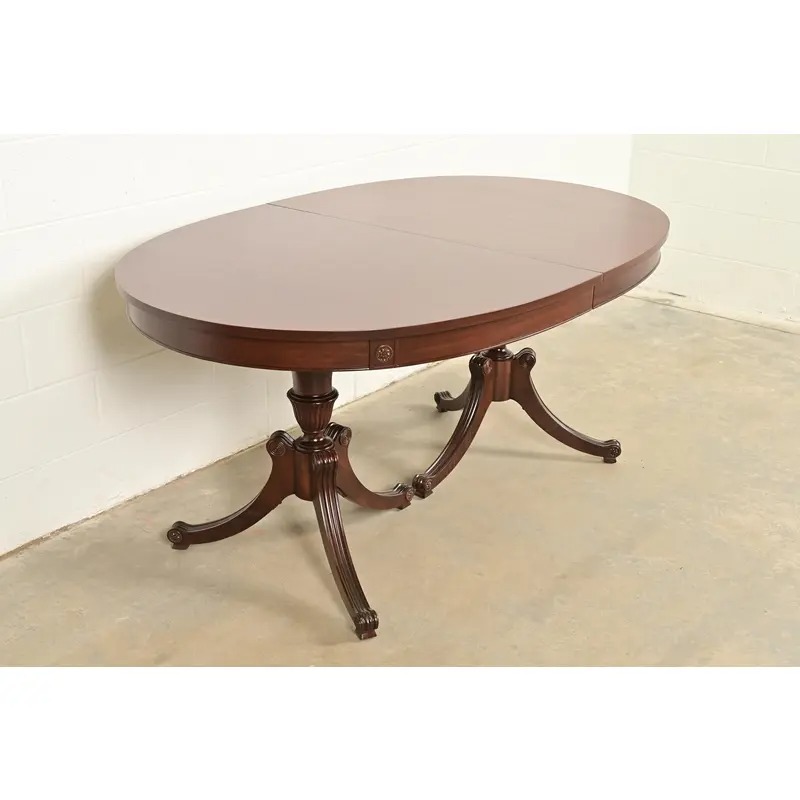 Baker Furniture Style Regency Mahogany Double Pedestal Extension Dining Table, Newly Refinished - Image 4