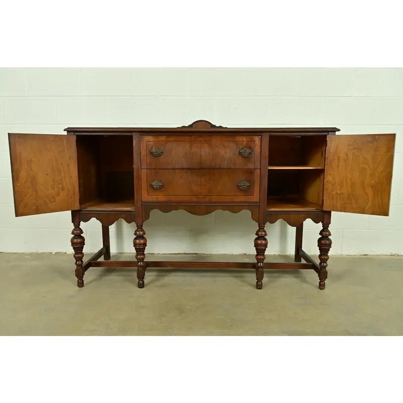 Berkey & Gay Style Antique English Jacobean Carved Walnut and Burl Wood Sideboard, Circa 1920s - Image 4