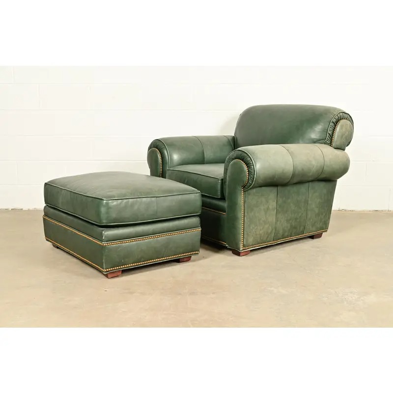 Century Furniture Art Deco Studded Leather Lounge Chair With Ottoman - Image 4