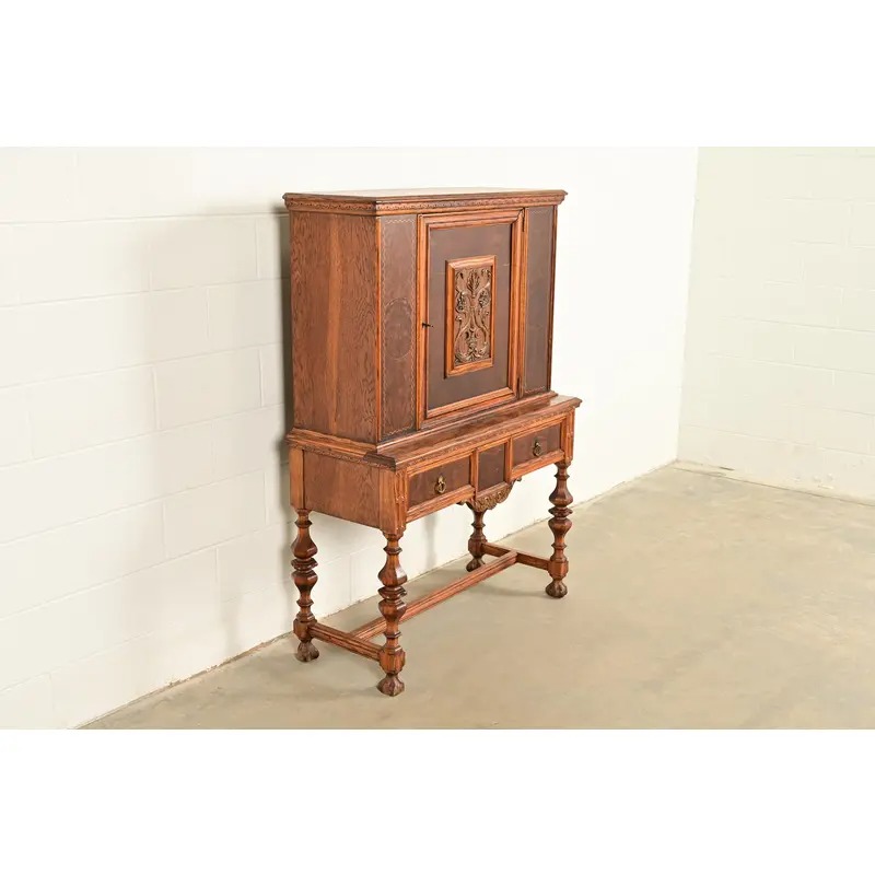 Early Romweber Antique English Jacobean Carved Oak and Burl Wood Bar Cabinet, Circa 1900 - Image 4