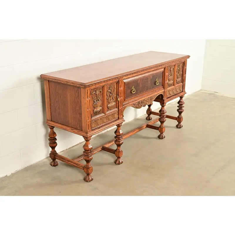 Early Romweber Antique English Jacobean Carved Oak and Burl Wood Sideboard, Circa 1900 - Image 4