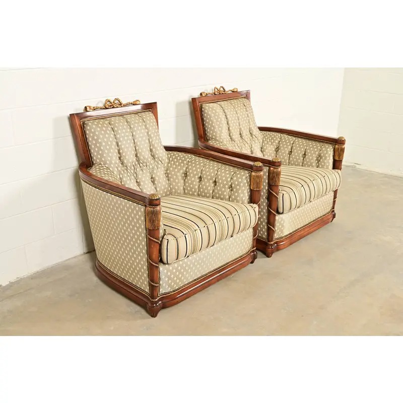 Grosfeld House French Regency Louis XVI Carved Walnut Bergere Armchairs, Pair - Image 4