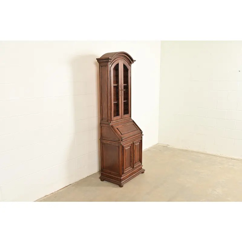 Guido Zichele Style Italian Provincial Carved Walnut Drop Front Secretary Desk With Lighted Bookcase Hutch, Circa 1970s - Image 4