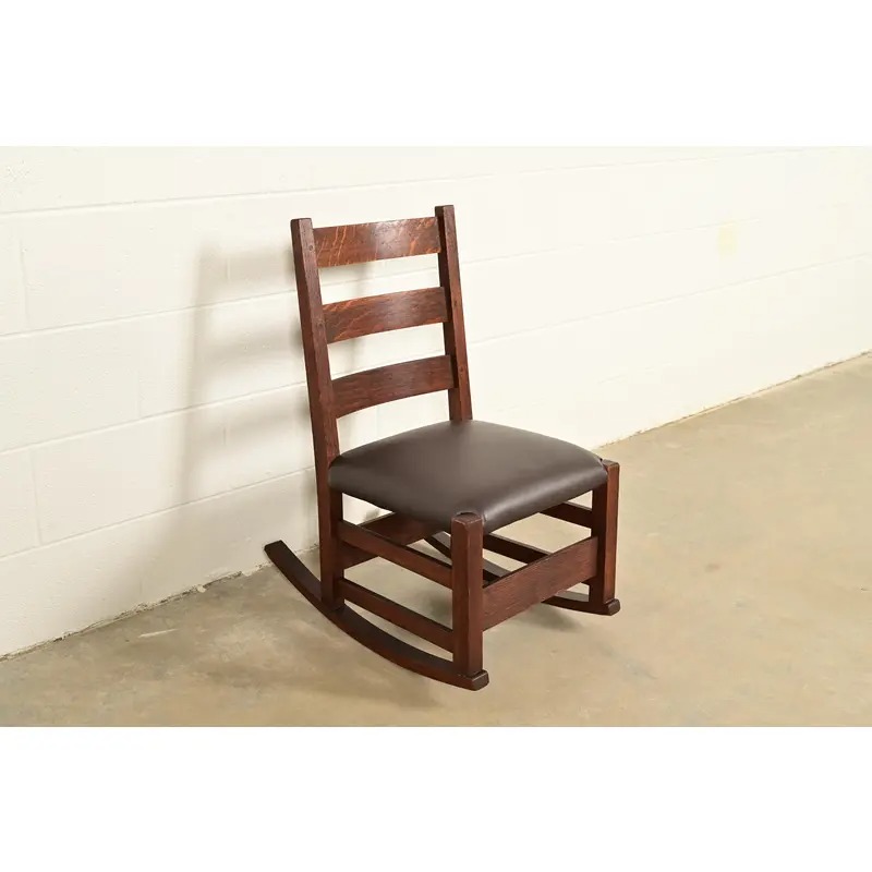Gustav Stickley Antique Mission Oak Arts & Crafts Ladder Back Rocking Chair, Circa 1910 - Image 4