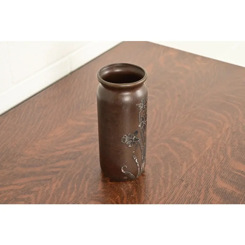 Heintz Arts & Crafts Sterling Silver on Bronze Vase With Floral Decoration - Image 4