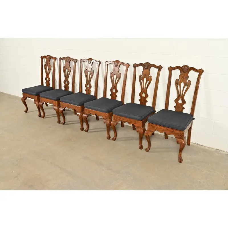 Henredon Georgian Carved Solid Oak Dining Chairs, Set of Six - Image 4