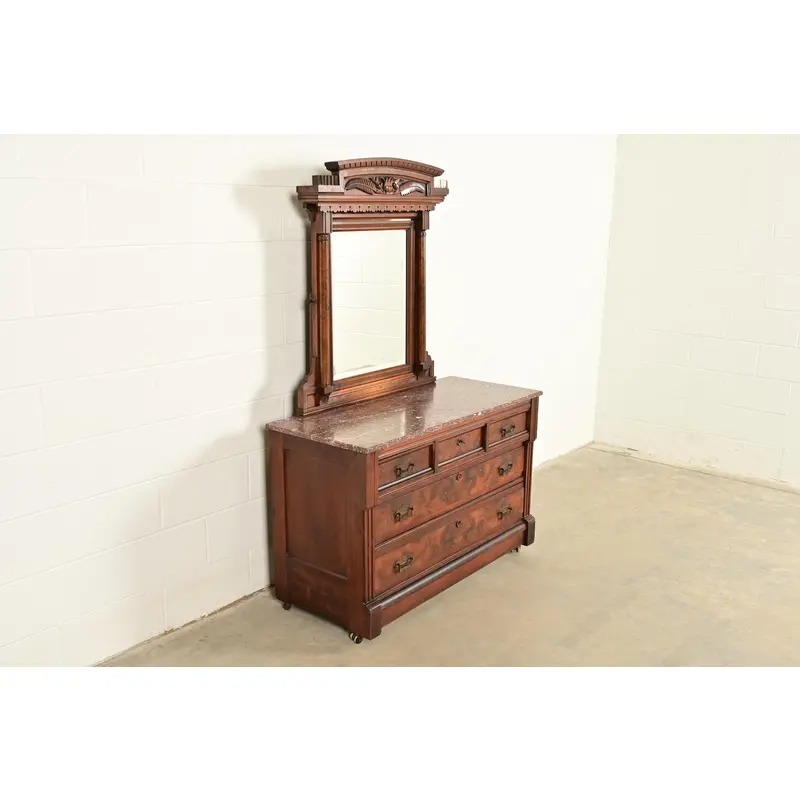 Herter Brothers Style Antique Eastlake Victorian Carved Burled Walnut Marble Top Dresser With Mirror, Circa 1880s - Image 4
