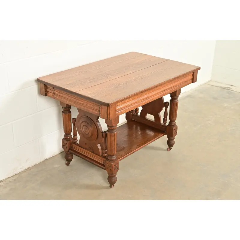 Herter Brothers Style Antique Victorian Carved Oak Writing Desk or Library Table, Circa 1890s - Image 4