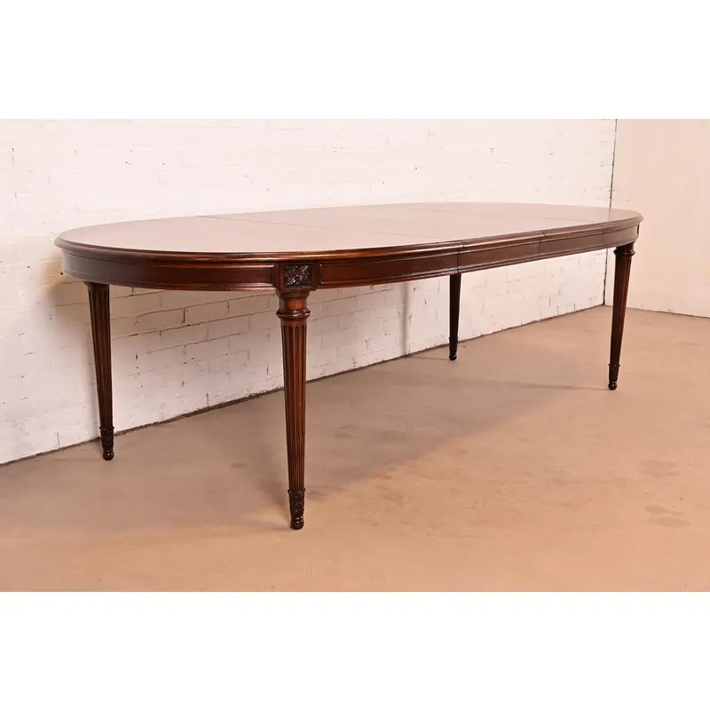 Karges French Regency Louis XVI Carved Walnut Extension Dining Table With Parquet Top, Newly Refinished - Image 4