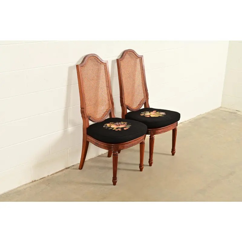 Karges Style French Regency Louis XVI Carved Solid Teak and Cane Back Side Chairs or Dining Chairs, Pair - Image 4