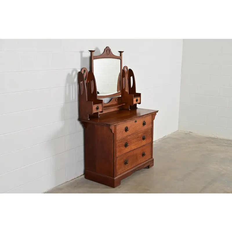 Liberty & Co. Antique English Mission Oak Arts & Crafts Vanity Dresser With Mirror, Circa 1900 - Image 4