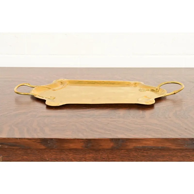 Liberty & Co. Style English Arts & Crafts Hammered Brass Handled Serving Tray - Image 4
