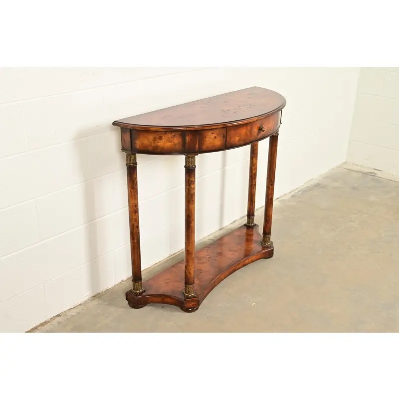 Maitland Smith Style French Empire Burl Wood and Gold Gilt Demilune Console Table - Image 4