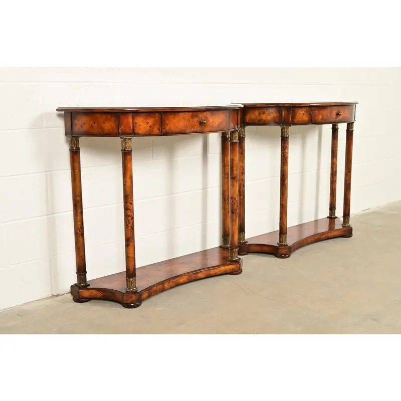 Maitland Smith Style French Empire Burl Wood and Gold Gilt Demilune Console Tables, Pair - Image 4