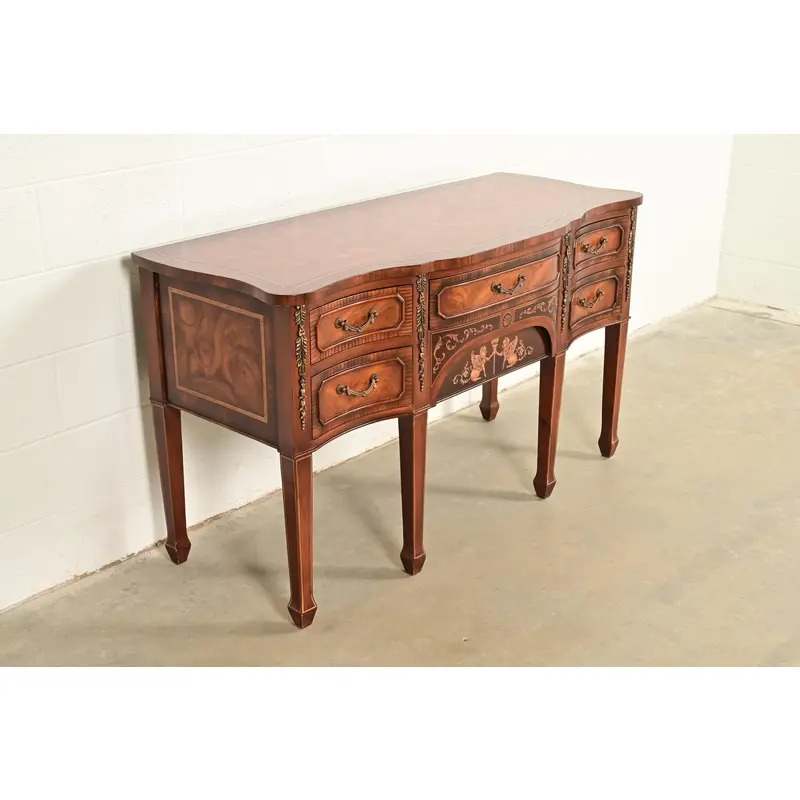 Maitland Smith Style French Regency Louis XVI Carved Mahogany and Burl Wood Sideboard Credenza - Image 4
