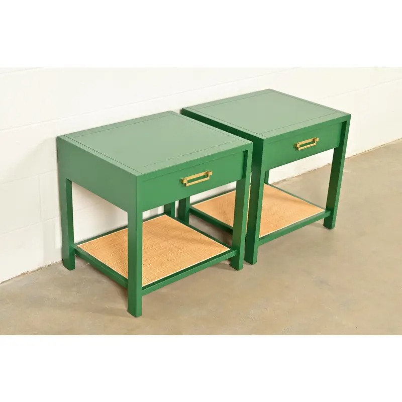 Michael Taylor for Baker Furniture Mid-Century Hollywood Regency Green Lacquer and Cane Campaign Nightstands, Newly Refinished - Image 4