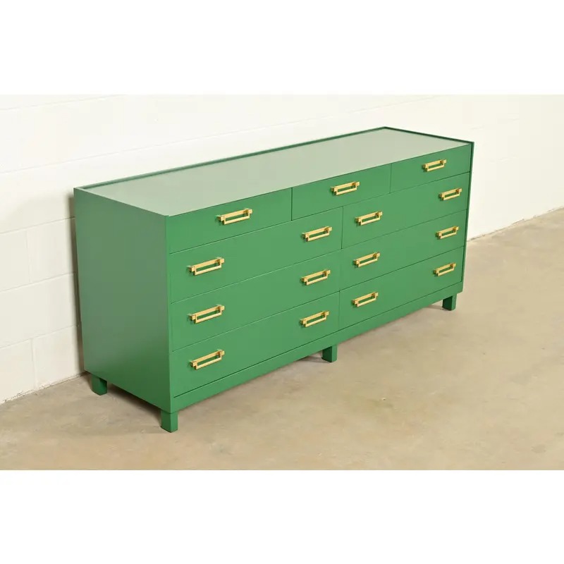 Michael Taylor for Baker Furniture Mid-Century Hollywood Regency Green Lacquered Campaign Dresser, Newly Refinished - Image 4