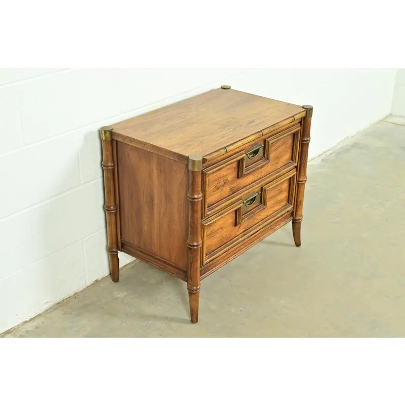 Mid-Century Hollywood Regency Campaign Carved Walnut Faux Bamboo Nightstand by Stanley, Circa 1960s - Image 4