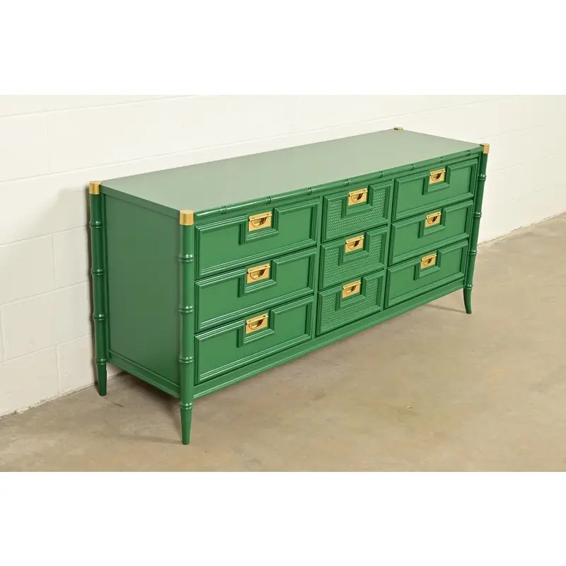 Mid-Century Hollywood Regency Campaign Green Lacquered Faux Bamboo Triple Dresser or Credenza by Stanley, Newly Refinished - Image 4