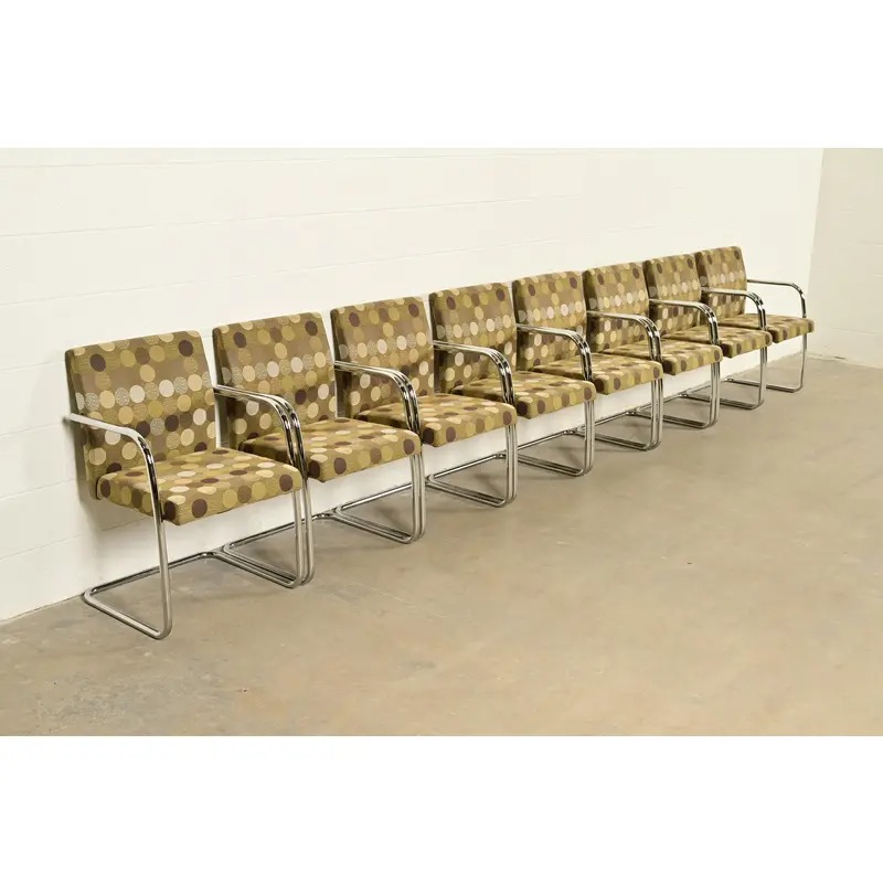 Mies Van Der Rohe Brno Style Mid-Century Modern Chrome Tubular Cantilever Club Chairs, Set of Eight - Image 4