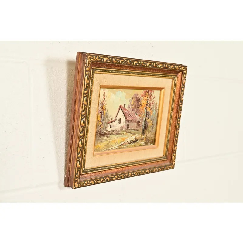 Original Artist Signed Impressionist Rural Landscape Oil on Canvas Painting of Cottage in Carved Giltwood Frame - Image 4
