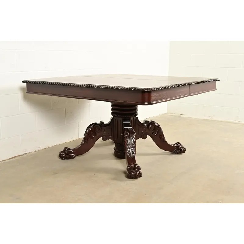 R. J. Horner Antique Victorian Carved Mahogany Split Pedestal Extension Dining Table With Lion Paw Feet, Newly Refinished - Image 4