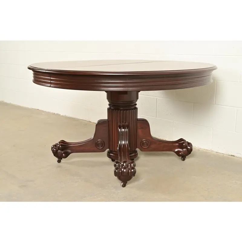 R. J. Horner Antique Victorian Carved Mahogany Split Pedestal Extension Dining Table With Lion Paw Feet, Newly Refinished - Image 4