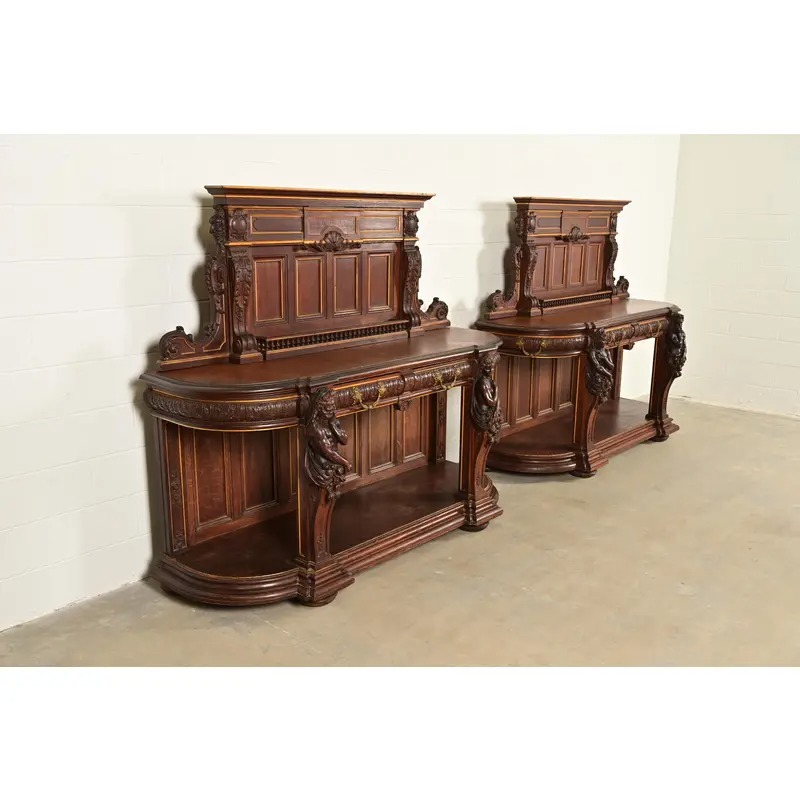 R. J. Horner Renaissance Revival Ornate Carved Oak Sideboards or Bar Cabinets, Circa 1880s - Image 4