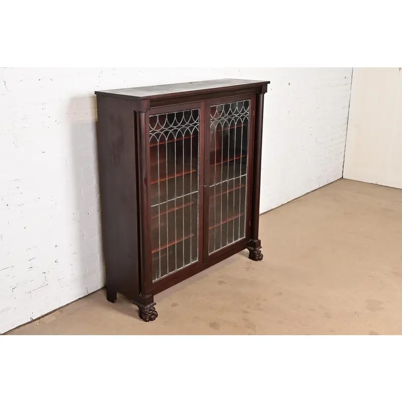 R. J. Horner Style Antique American Empire Carved Mahogany Leaded Glass Front Double Bookcase Cabinet, Circa 1890s - Image 4