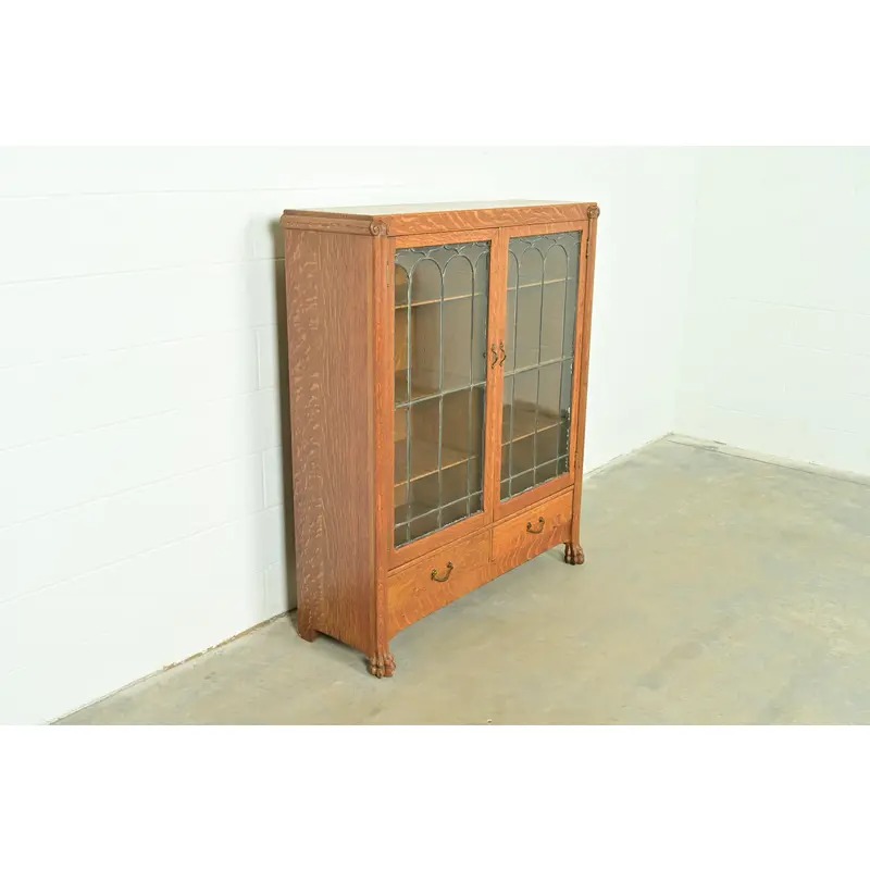 R. J. Horner Style Antique American Empire Carved Tiger Oak Double Bookcase Cabinet With Leaded Glass Doors, Circa 1890s - Image 4
