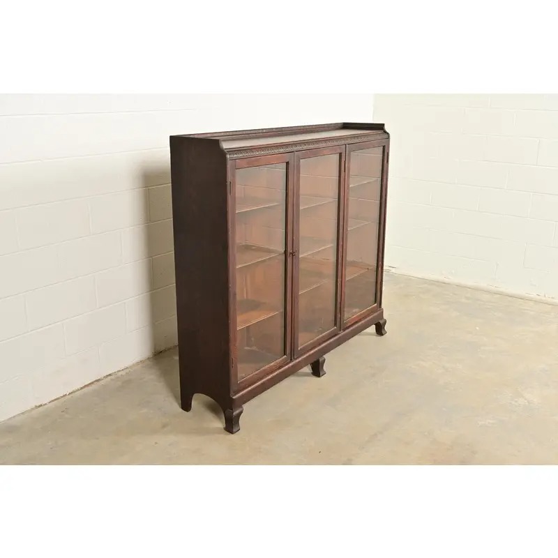 R. J. Horner Style Victorian Carved Oak Glass Front Triple Bookcase, Circa 1890s - Image 4