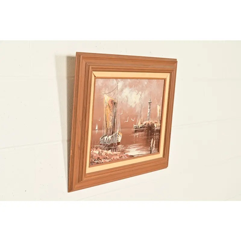 Rikard Lindström Original Signed Oil Painting on Canvas of Ships in Harbor in Carved Wood Frame - Image 4