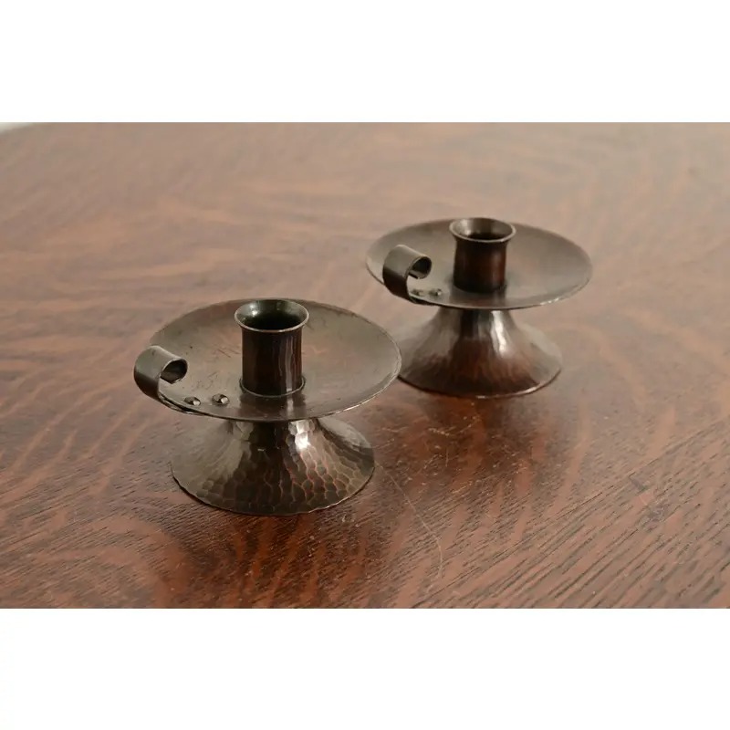 Roycroft Arts & Crafts Hammered Copper Handled Candlesticks, Pair - Image 4
