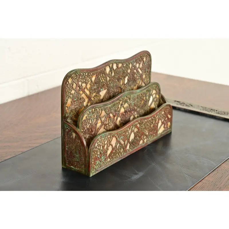 Tiffany Studios New York Grapevine Pattern Bronze and Favrile Slag Glass Letter Rack - Image 4