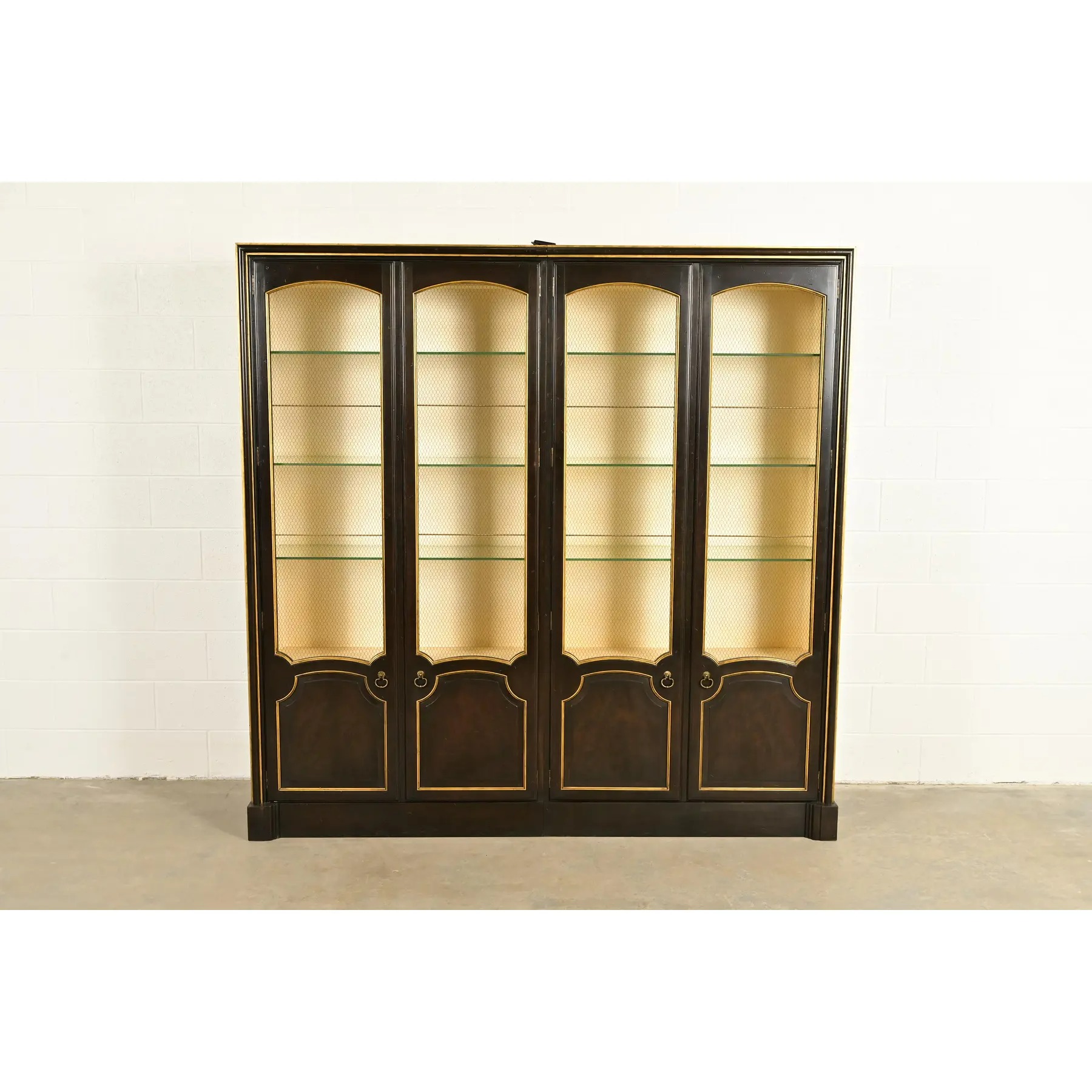 Baker Furniture French Regency Louis XVI Carved Walnut and Parcel Gilt Lighted Breakfront Bookcase Cabinet, Circa 1960s - Image 2