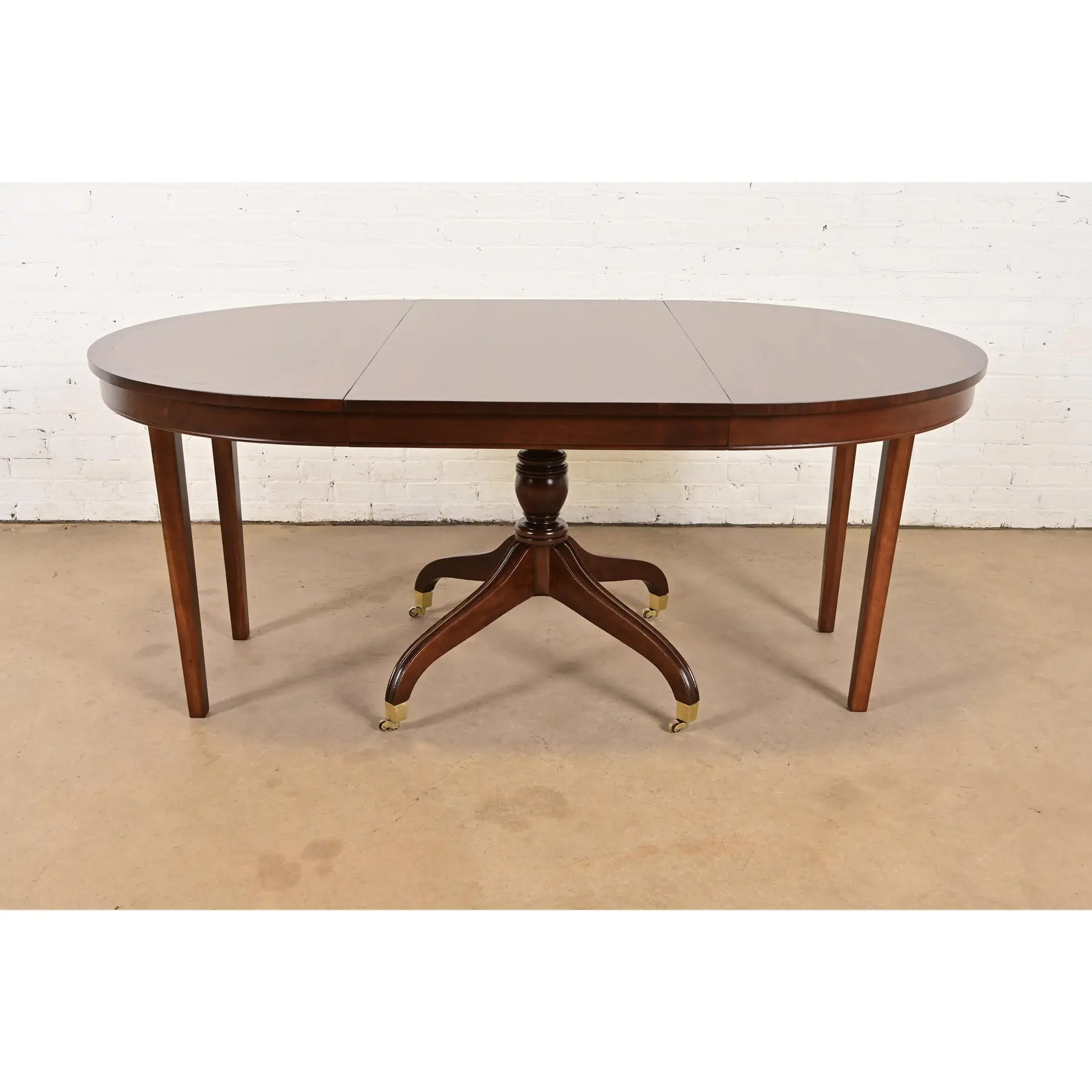 Baker Furniture Style Regency Banded Cherry Wood Pedestal Extension Dining Table, Newly Refinished - Image 5