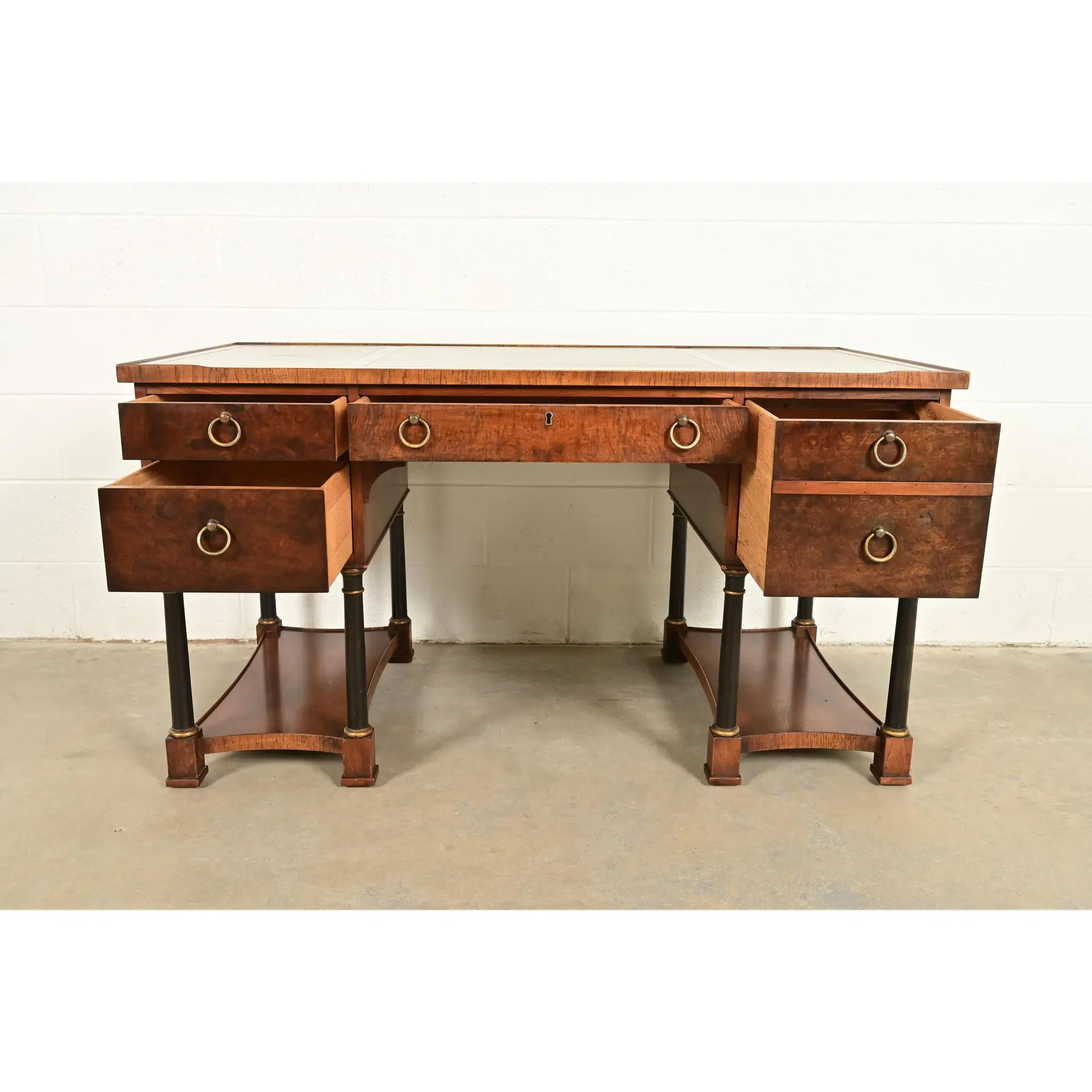 Hekman Furniture French Empire Burled Walnut Leather Top Desk, Circa 1960s - Image 5