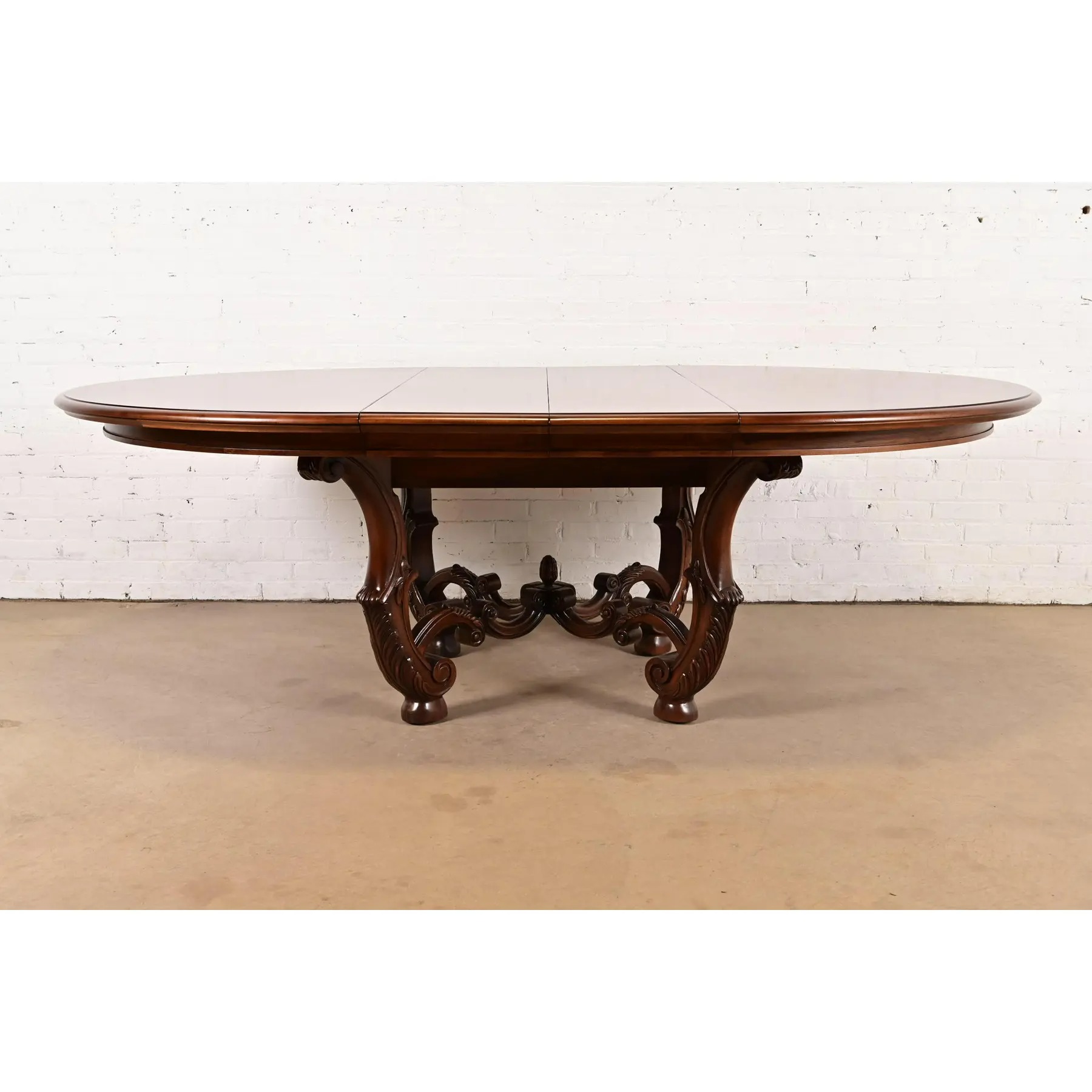 Henredon Italian Provincial Carved Walnut and Burl Wood Pedestal Extension Dining Table, Newly Refinished - Image 2