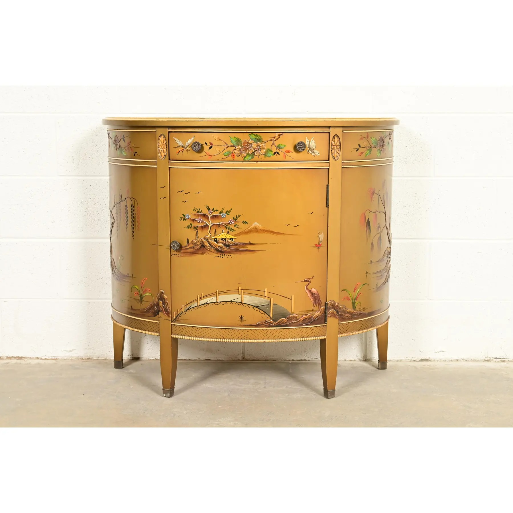 Imperial Furniture Regency Chinoiserie Gold Lacquered Hand Painted Demilune Console or Bar Cabinet, Circa 1940s - Image 2