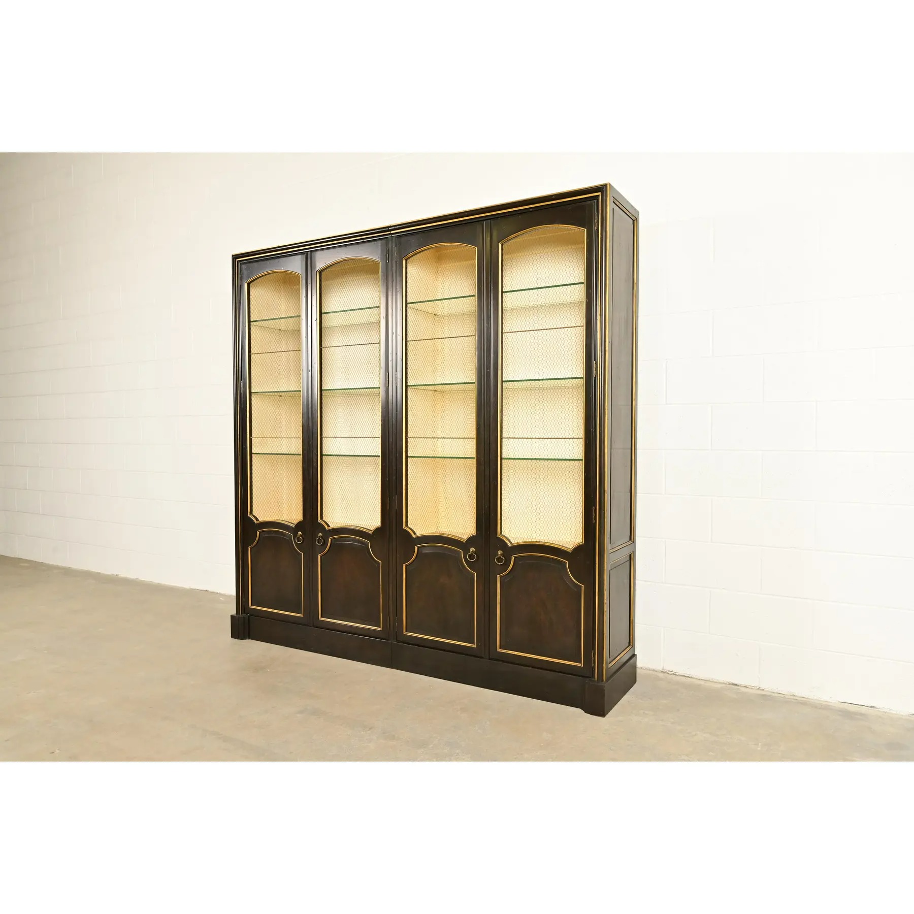Baker Furniture French Regency Louis XVI Carved Walnut and Parcel Gilt Lighted Breakfront Bookcase Cabinet, Circa 1960s - Image 3