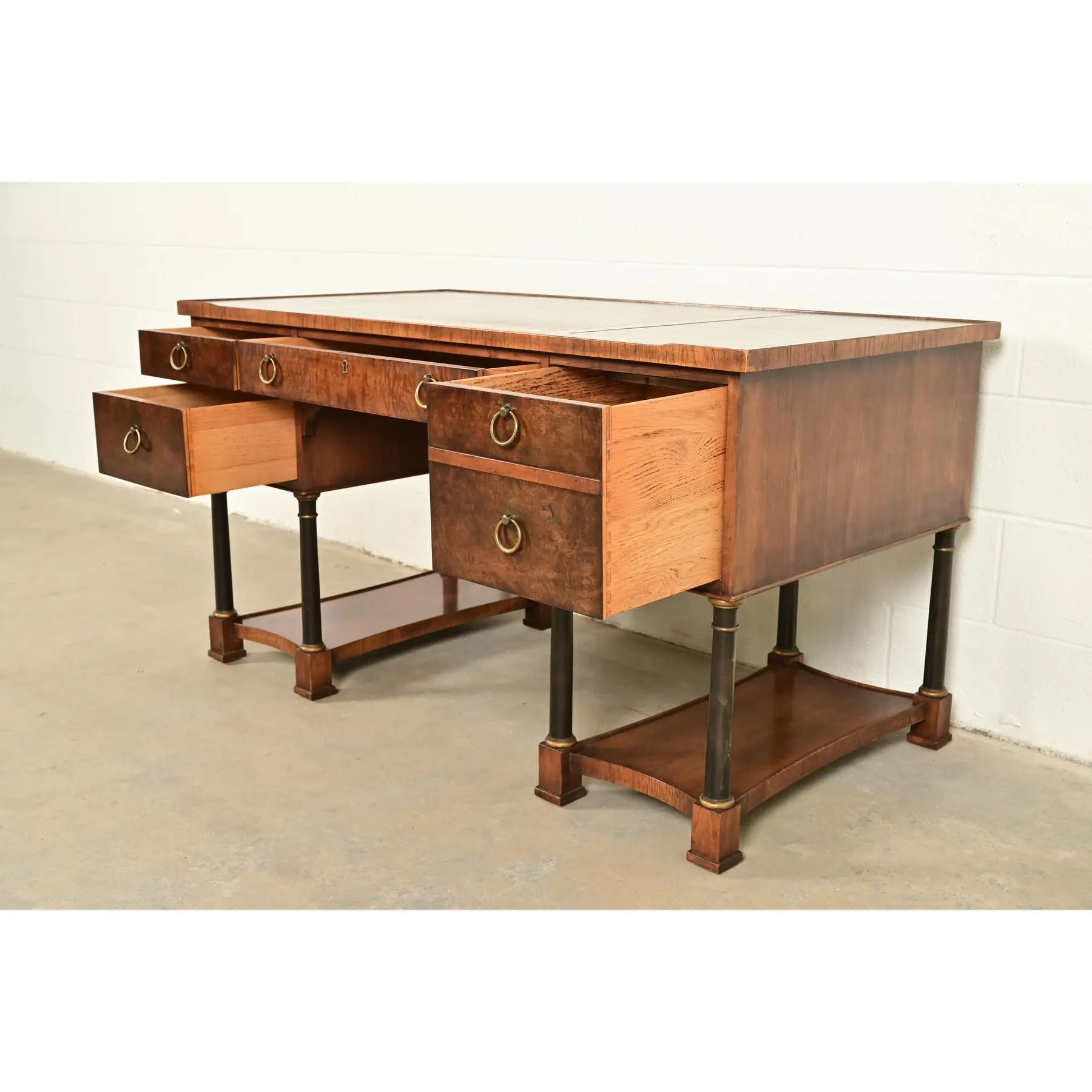 Hekman Furniture French Empire Burled Walnut Leather Top Desk, Circa 1960s - Image 6